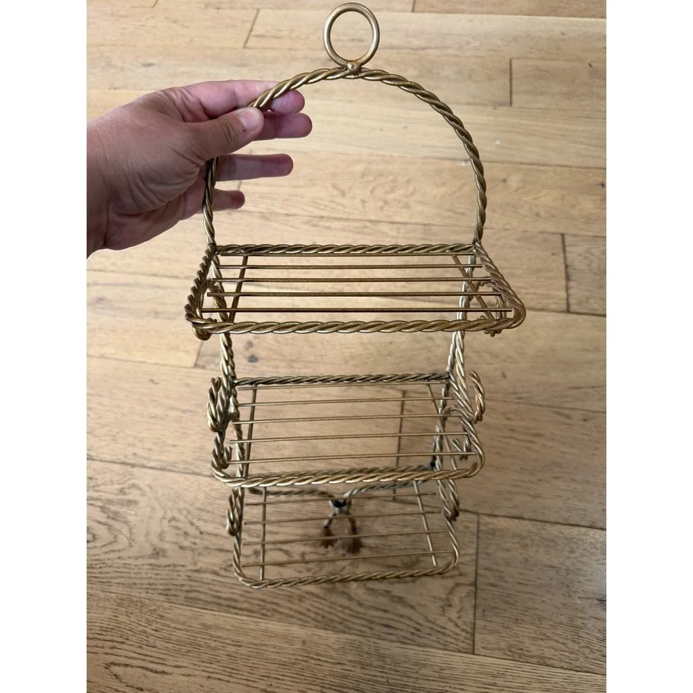 Vintage 3-Tier Wire Wall Shelf Gold Tone MCM Twisted Rope Tassels Ornate